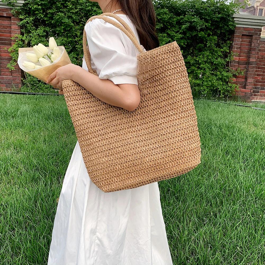 Women Straw Tote Handbag Large Capacity Crochet Beach Handbag Solid Color Weaving Travel Handbag Ladies Summer Daily Bag
