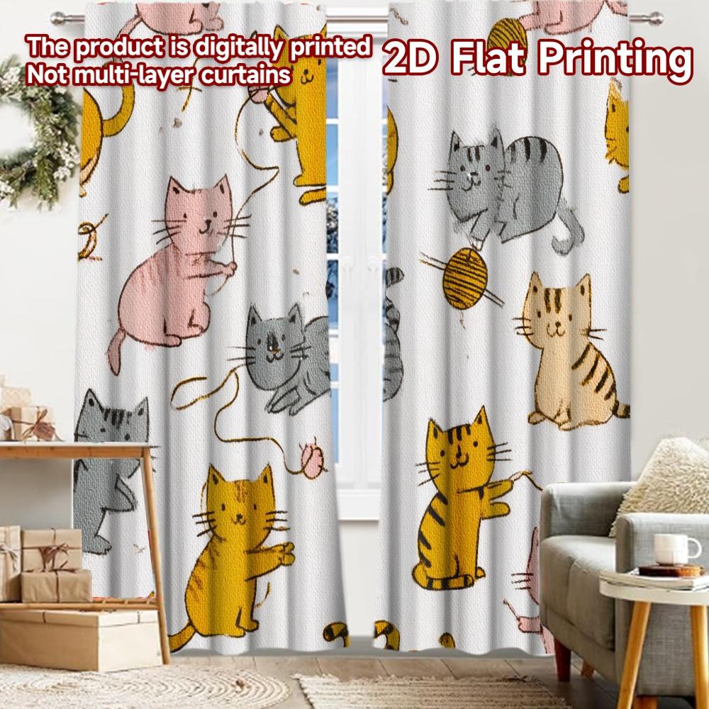 2pcs, 2D FLAT PRINTING Curtains (Without Rod) Cat Pattern Art Christmas Holiday Curtains with Digital Printing Durable Polyester