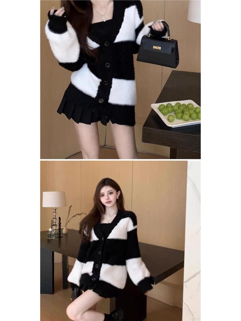 Women's Striped Knit Loose Mink Sweater - Korean Style Soft Thick Cardigan for Autumn/Winter