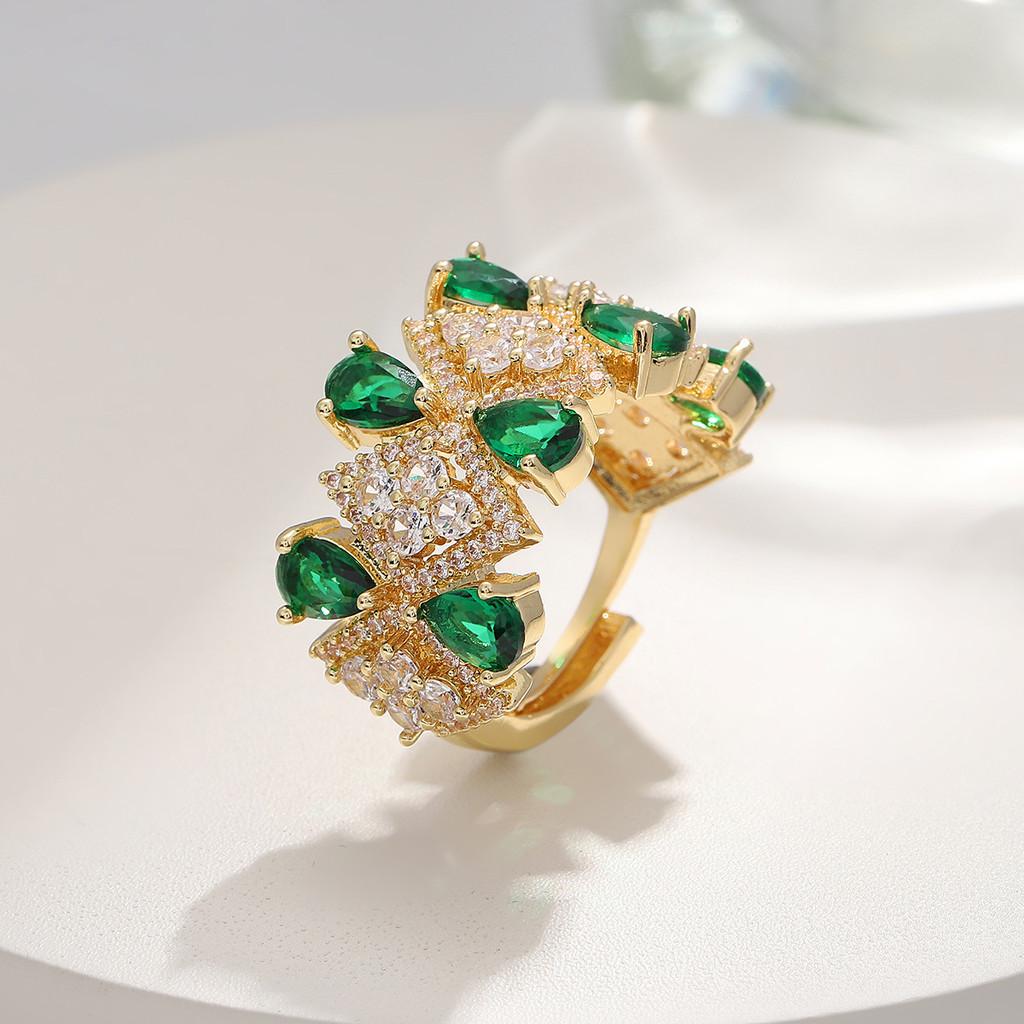 Copper Zircon Flower Open Ring For Women With Adjustable Size And Christmas Holiday Style