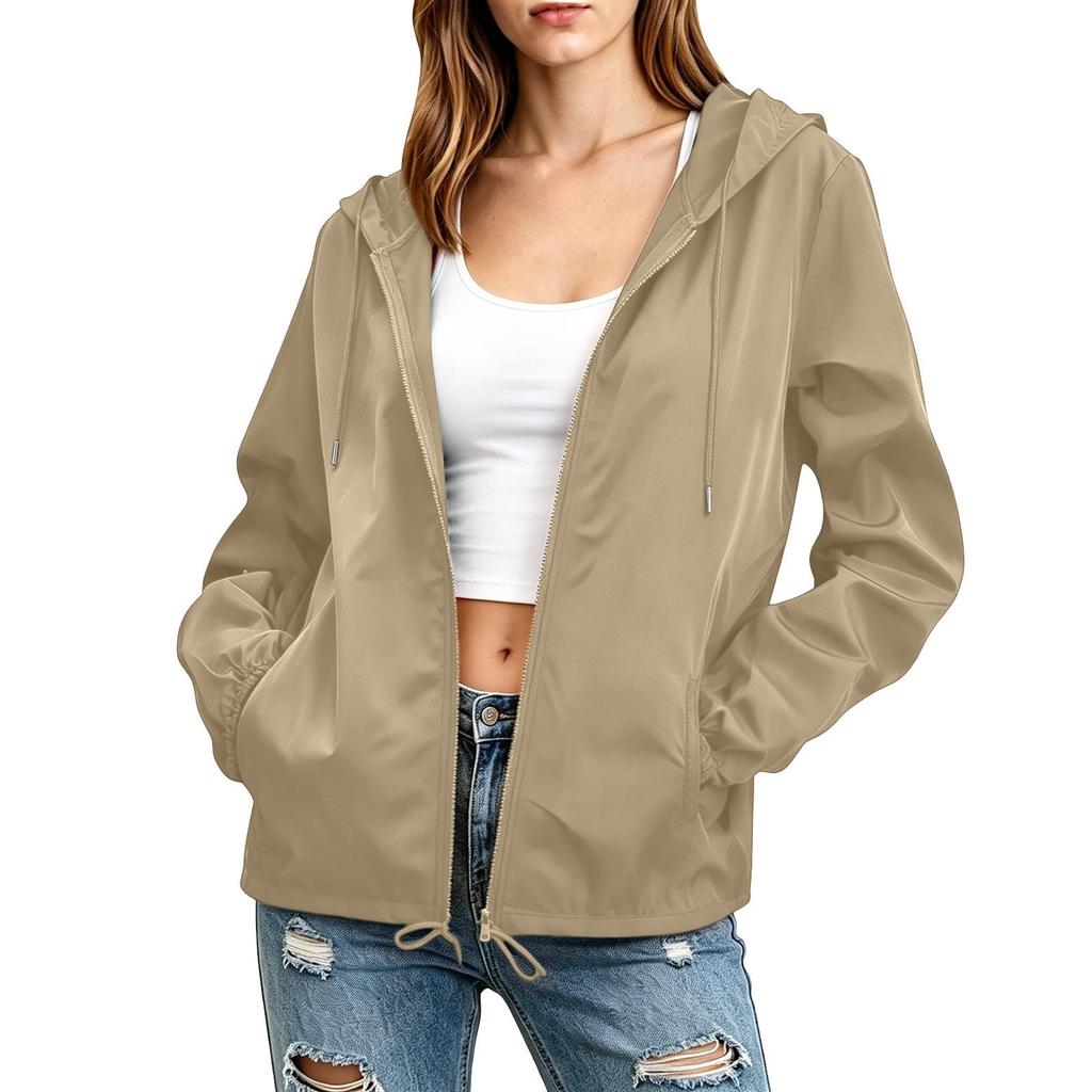 Women Lightweight Hooded Windbreaker Jacket Full Zip Outdoor Casual Sports Coat with Adjustable Drawstring and Pockets for Everyday Use