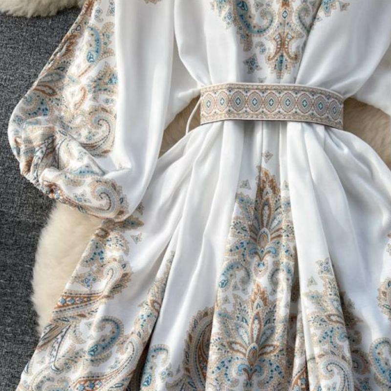 Court Style Retro Printing One Piece Dress Women V-neck Elegant Short Party Dresses Female French Belt High Waist Chic Dress Vacation