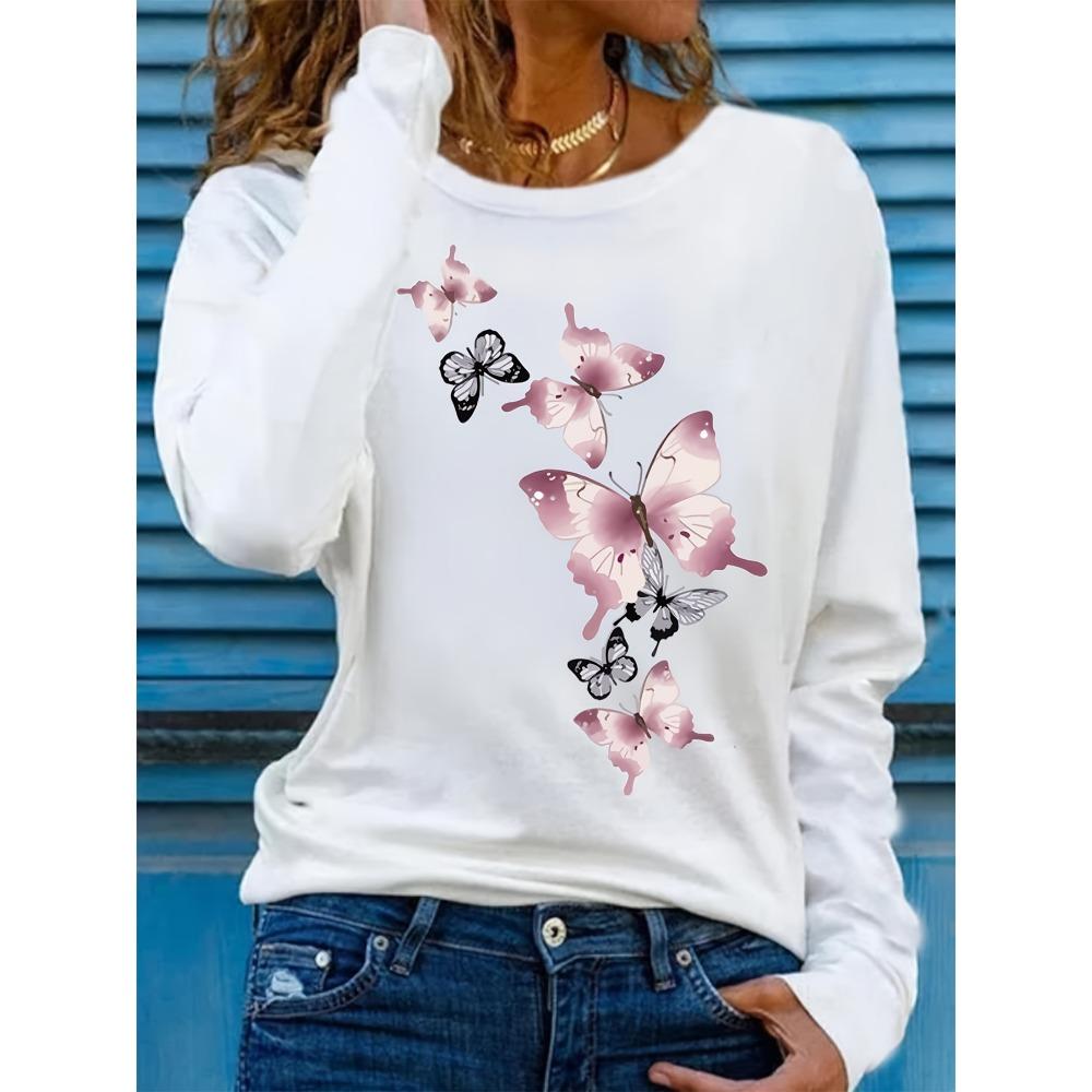 Spring and Autumn women's fashionable casual butterfly pattern printed round neck long sleeved T-shirt base shirt