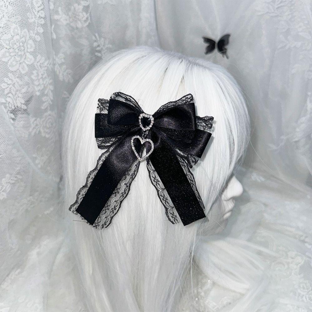 1/2Pc Heart Pendant Lace Bow Hair Clips Y2k Style Ponytail Hairpins Kawaii Gothic Hair Clips Anime