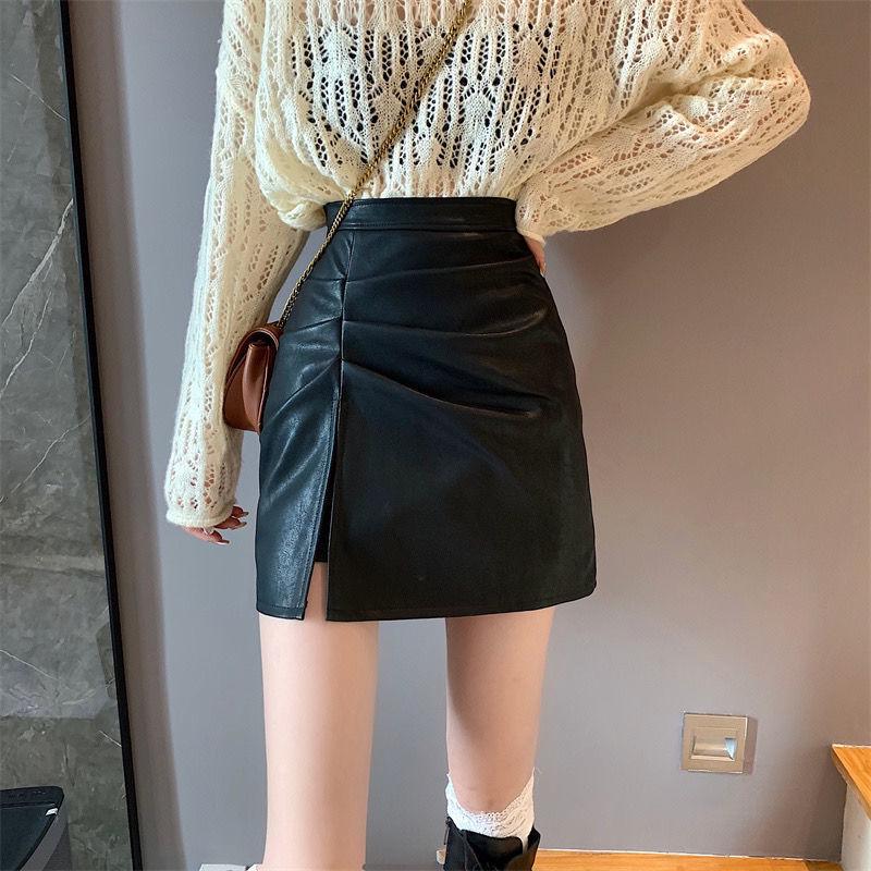 Women's High Waist Slit Pleated PU Mini Skirt - Slimming A-Line, Anti-Exposure, Hip-Hugging