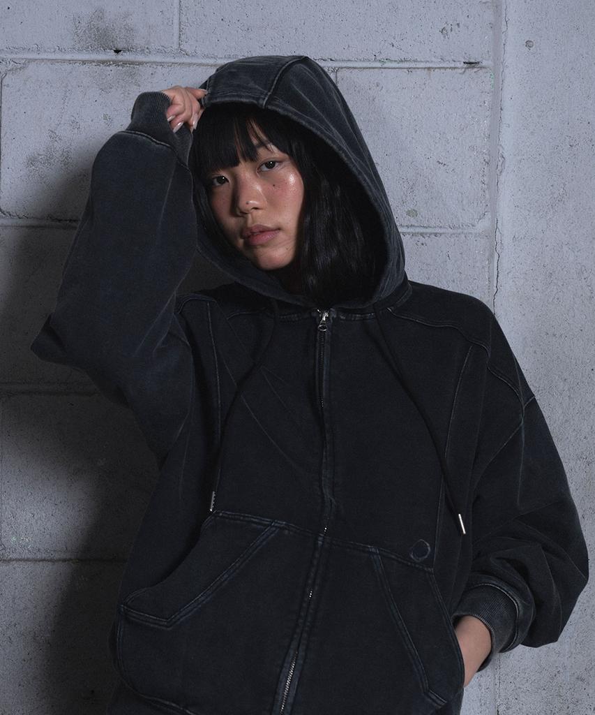 As You Think My Mind Line Point Vintage Zip-Up Hoodie_Black