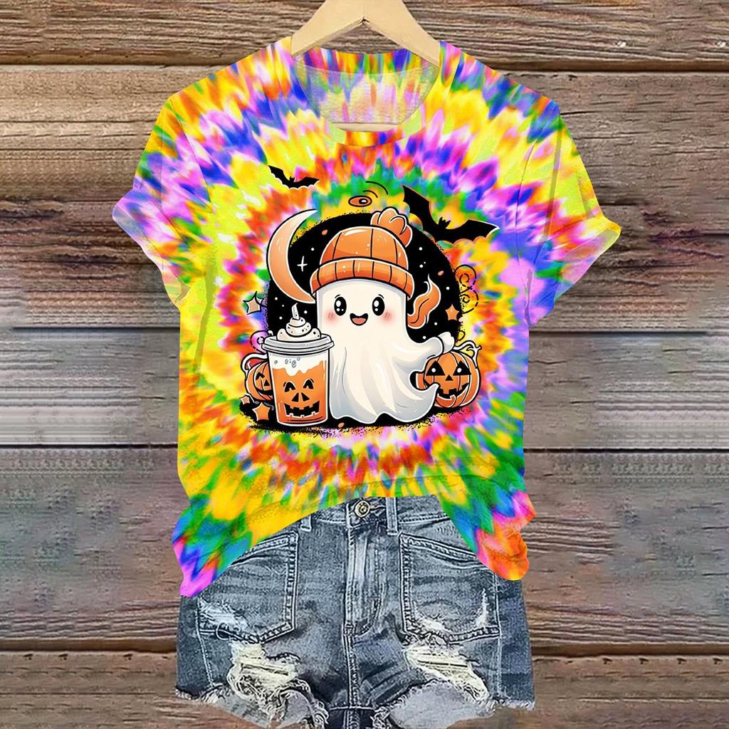 Ladies' Casual Halloween Printed Round Neck Short Sleeved T-Shirt