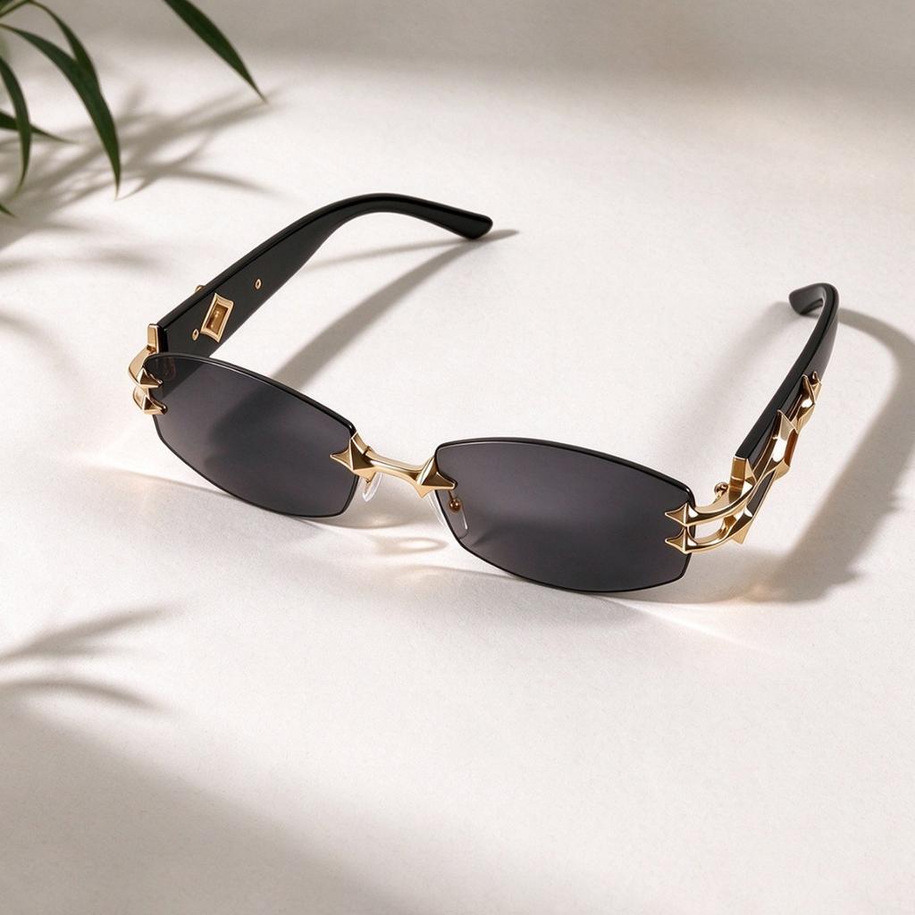Retro frameless rectangular metal avant-garde fashionable sunglasses pentagram YK technology cool sunglasses