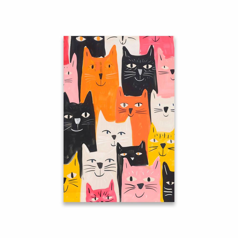 Cool Cats Canvas Painting Colorful Graffiti Mid-Century Modern Cat Wall Art Poster Decor Abstract Blue And Yellow Cat Room Decor