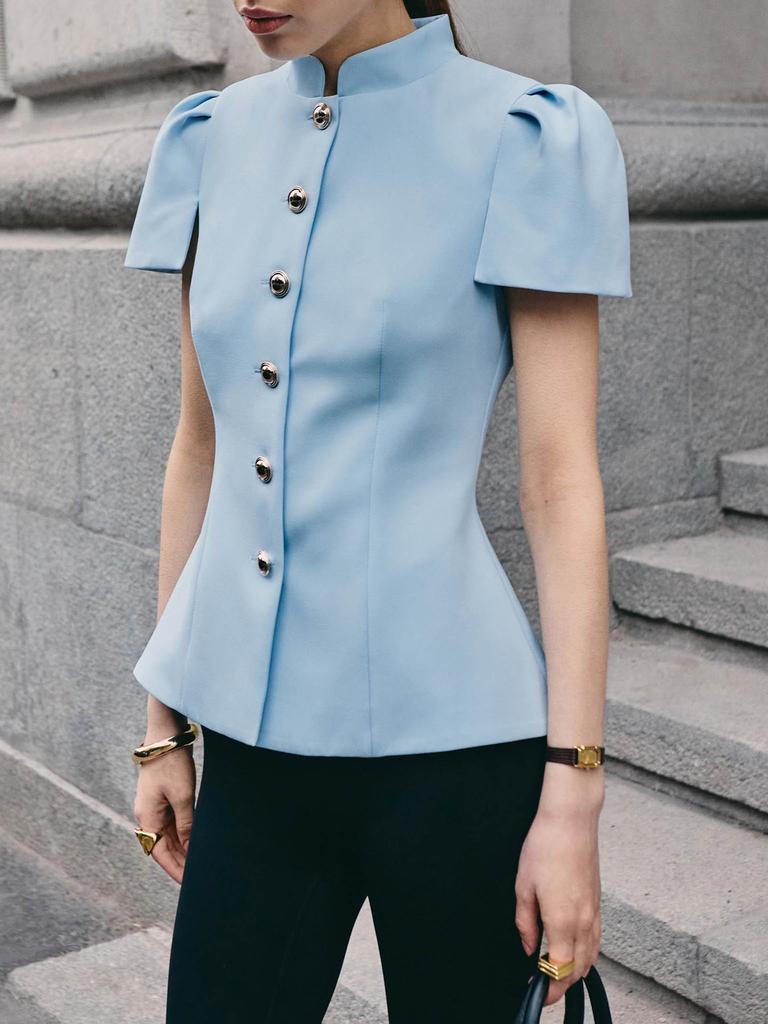 Spring/Summer 2026: Elegant Women's 3D Design Top with Lantern Sleeves & Metal Buckle
