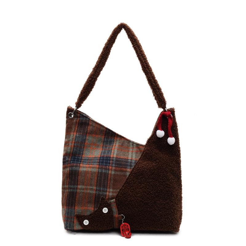 Woolen plaid large-capacity bag women's 2025 new cute versatile shoulder bag winter retro underarm tote bag