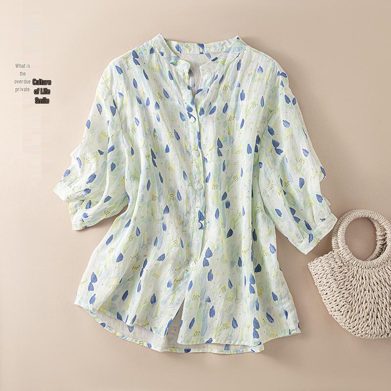 Women s Floral V-neck Mid-Sleeve Ramie Blouse - 2026 Summer Collection XXL
