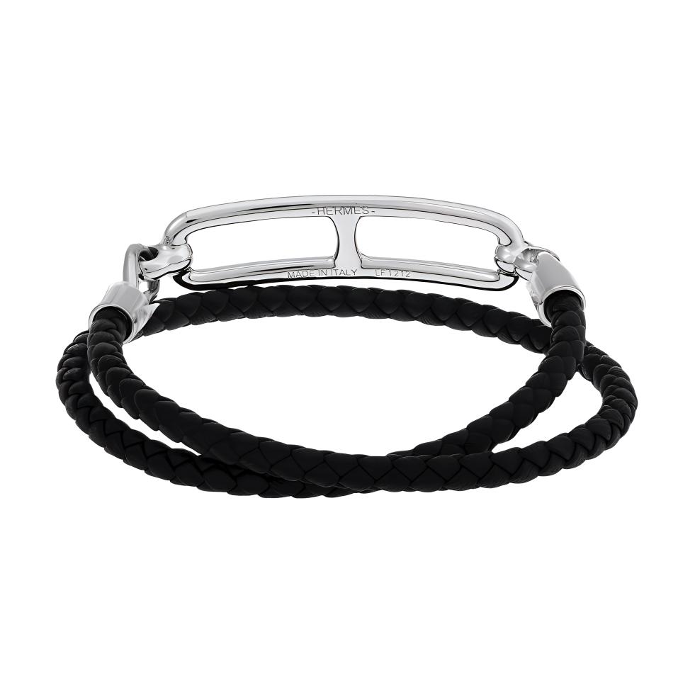 Hermes Roulis Double Circle Woven Bracelet Silver Buckle Calfskin Women bracelet Black H071727FP89-T1