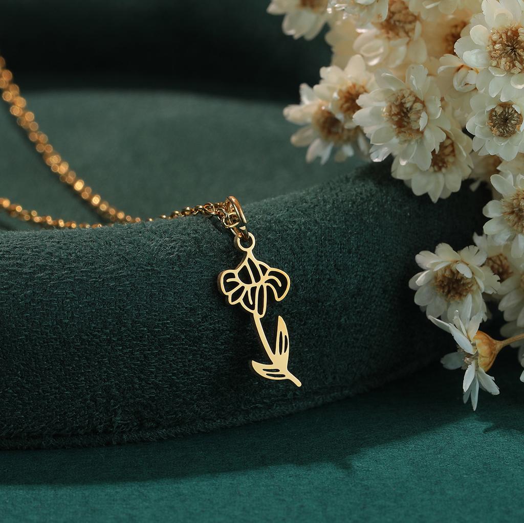 Kinitial Birth Flower Necklaces For Women Girls Stainless Steel 12 Month Flower Necklaces Birthday Jewelry Gift