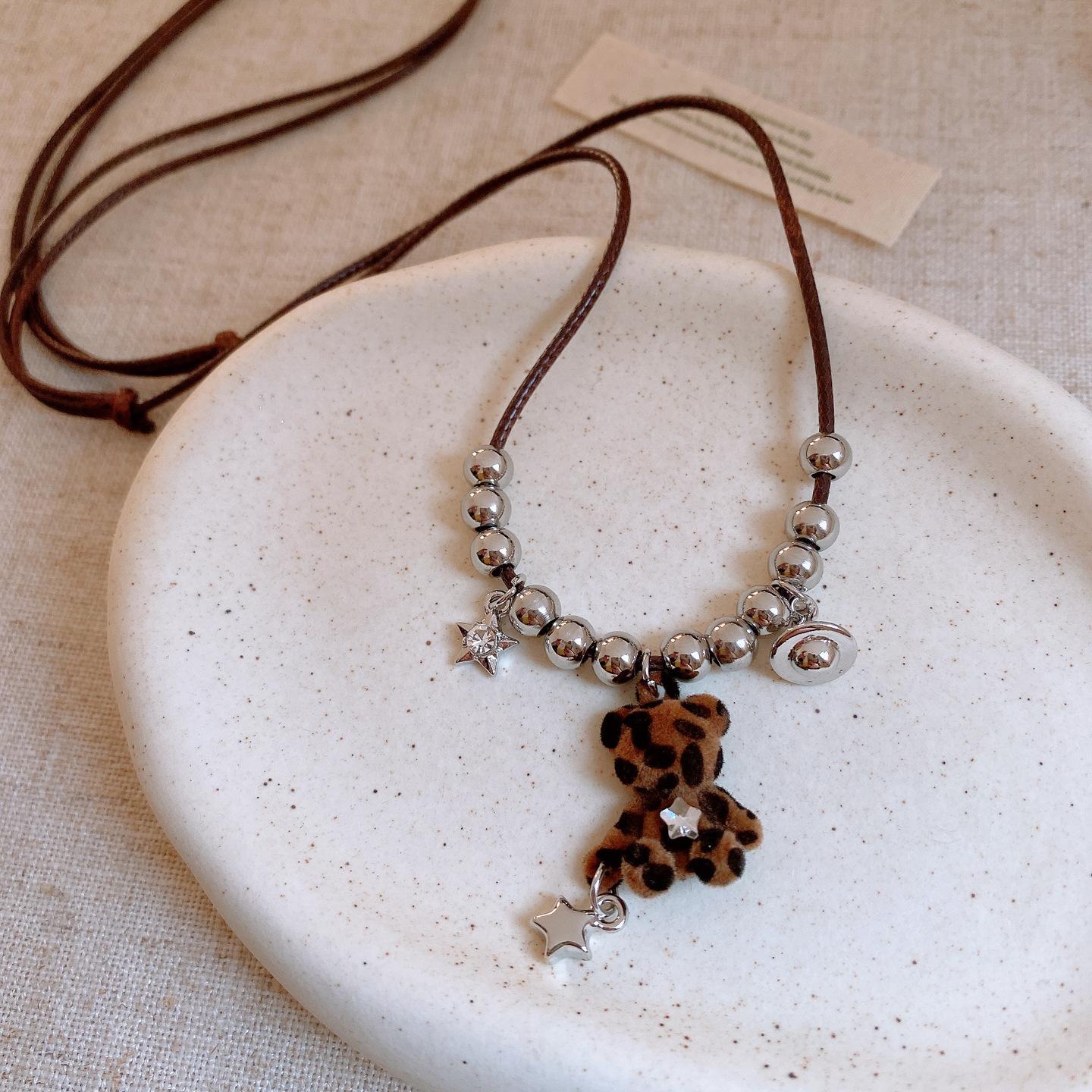 Autumn and winter wind geometric beaded flocked bear pendant necklace accessories women s sweater chain necklace