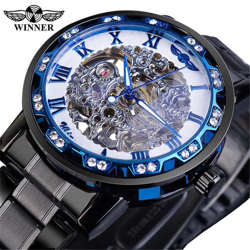 Winner One Winner Herren Mode Lässig Skelett Strass Manuell Mechanische Uhr für Herren Trendig