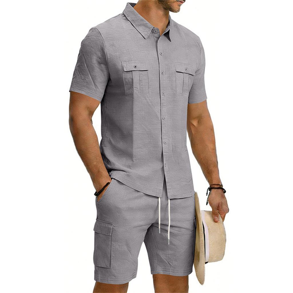 Men's Casual Short-sleeved Tooling Shirt Multi-pocket Shorts Set