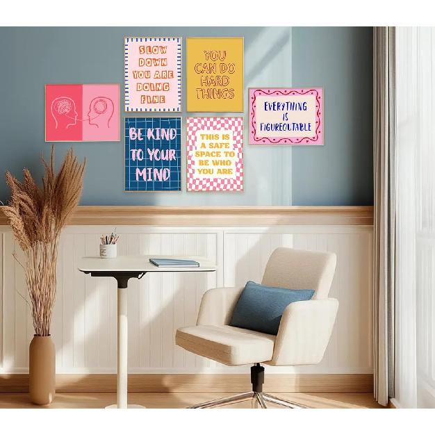 6Pcs Pink Blue Mental Health Wall Art Boho Therapy Office Wall Decor Motivational Psychology Painting Pirational Positive Quotes Poster Prints for