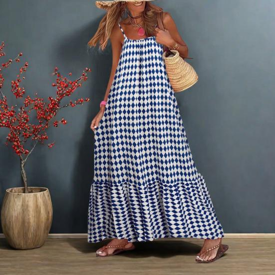 Boho Sleeveless Maxi Dress for Women Summer Flowy Backless Long Dress Casual Beach Ruffle Swing Sundress