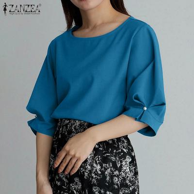 Women Casual Round Neck Loose Half Sleeve Plain Blouse