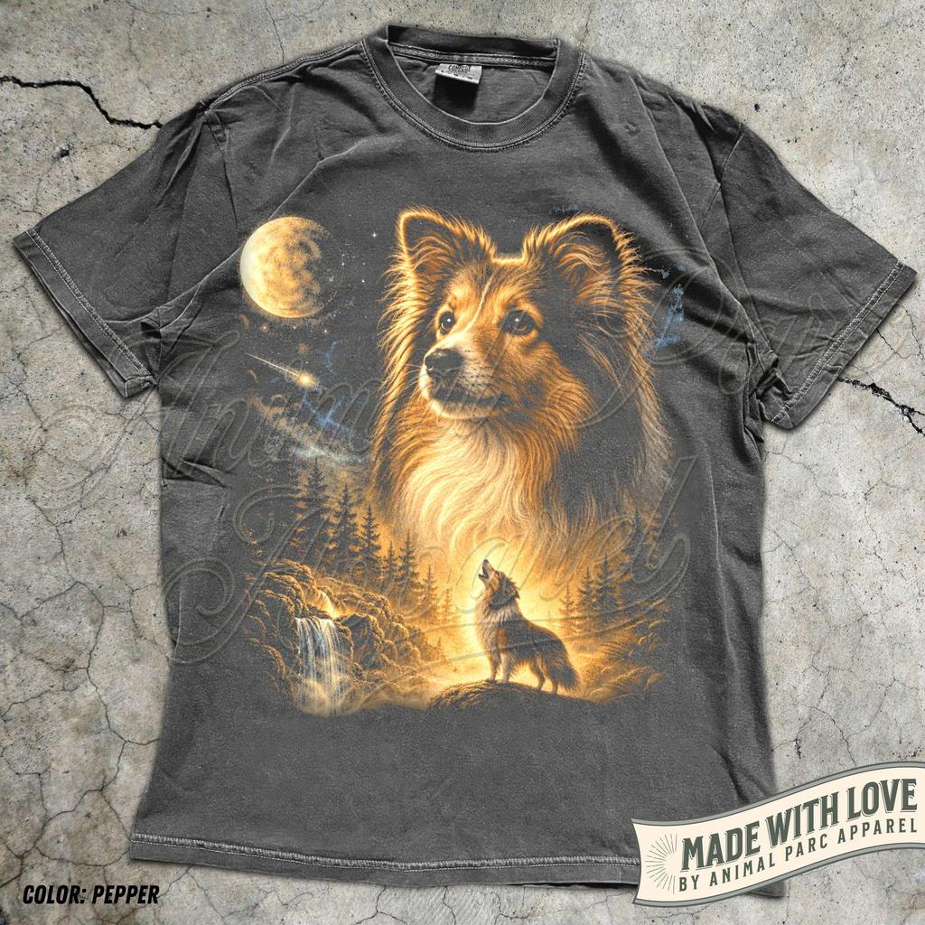 Sheltie Dog Howling To The Moon T-Shirt, Funny Sheltie Gift, 90s Full Moon Dog Shirt, Wolf Shirt for Dog Owner, Vintage Sheltie Lover Gift