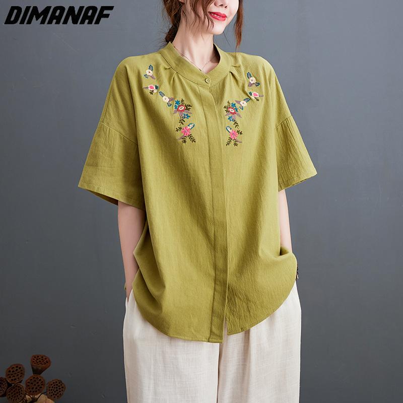 

DIMANAF 2023, новая летняя стильная блузка больших размеров, повседневная рубашка, льняная женская одежда, свободная рубашка с цветочным принтом, новая