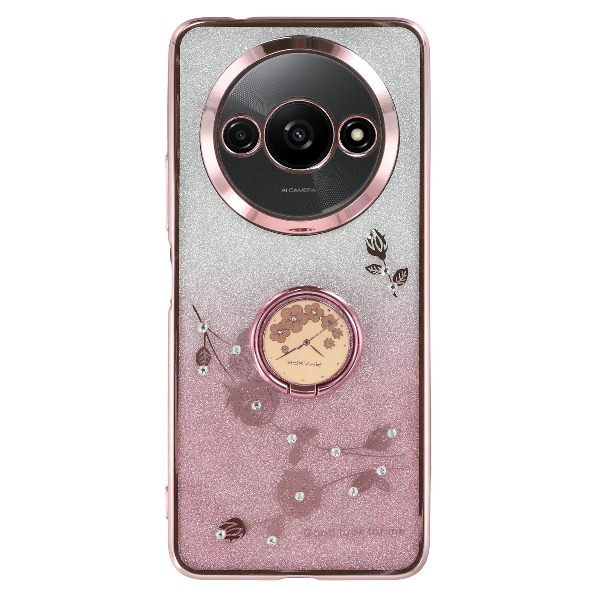 

KADEM For Xiaomi Redmi A3/Poco C61 4G TPU Case Rhinestone Flower Back Cover Ring Kickstand Rose Gold