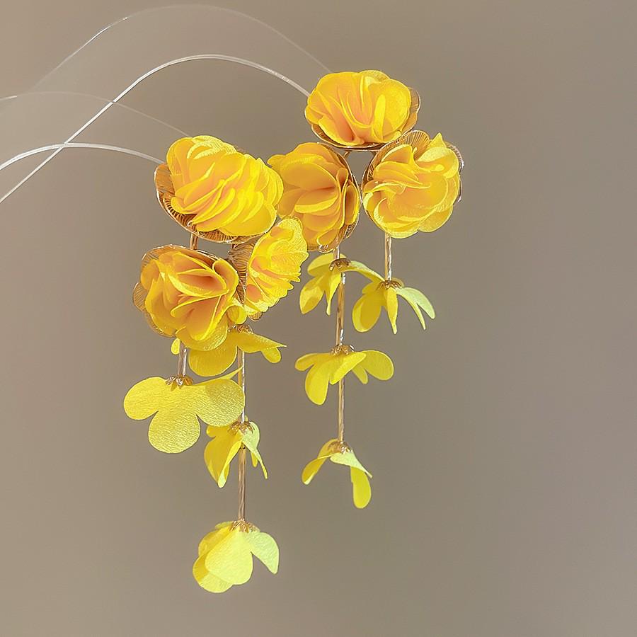 Silver Needle Chiffon Flower Tassel Earrings, Sweet Mori Style, Dopamine Trend, Versatile Women’s Earrings