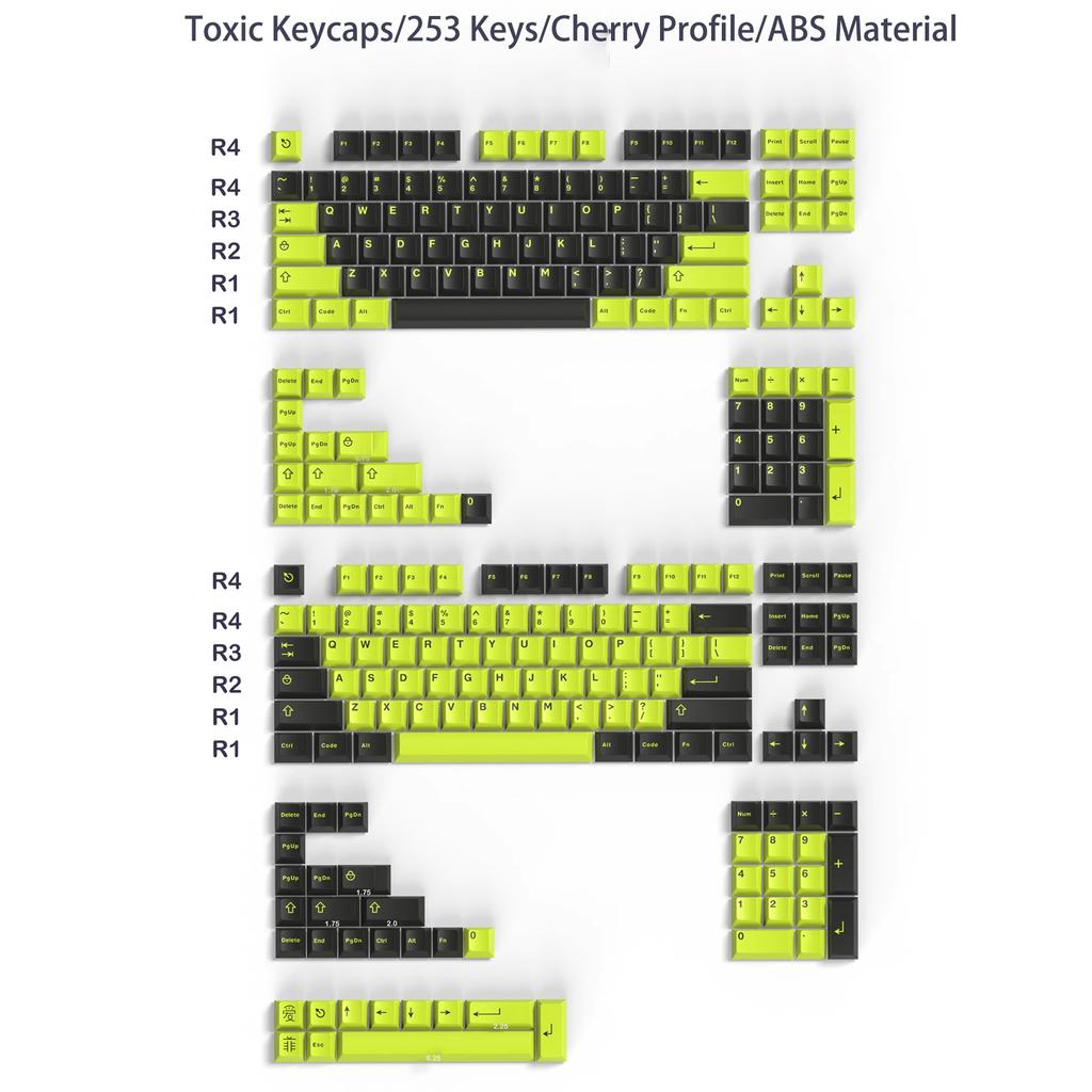 Cherry Profile 253 Keys Toxic Keycap Set Double Shot ABS Keycaps for Gateron MX Switches Mechanical Gamer Keyboard