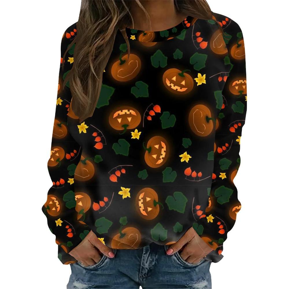 Halloween pattern pumpkin bat 3D printed women's Harajuku round neck long sleeved T-shirt