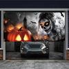 Halloween garage sign depicting a terrifying female skeleton with glowing eyes.PMJ