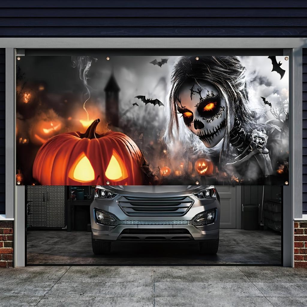 Halloween garage sign depicting a terrifying female skeleton with glowing eyes.PMJ