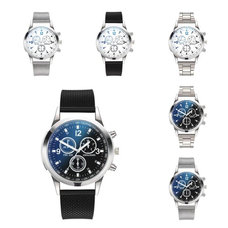 Atemberaubende Blaues Licht Glas Drei-Augen Stahlarmband Uhr Für Männer Quarz Uhr Perfektes Geschenk Für Männer