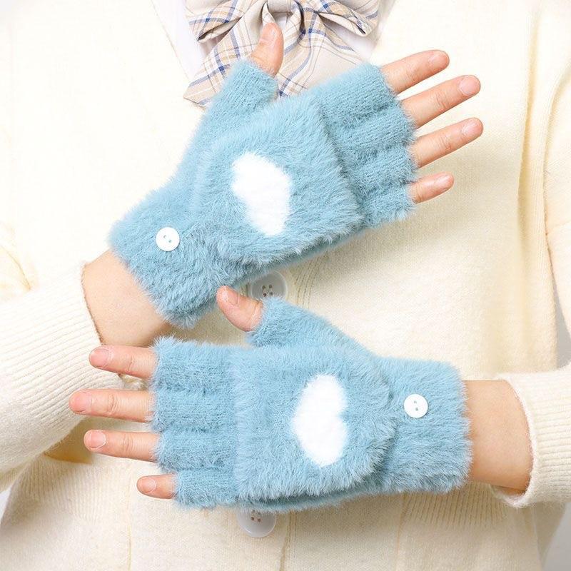 Newcomer Special: Women's Faux Mink Plush Flip Gloves with Love Heart Design, Half-Finger Style for Autumn/Winter Warmth