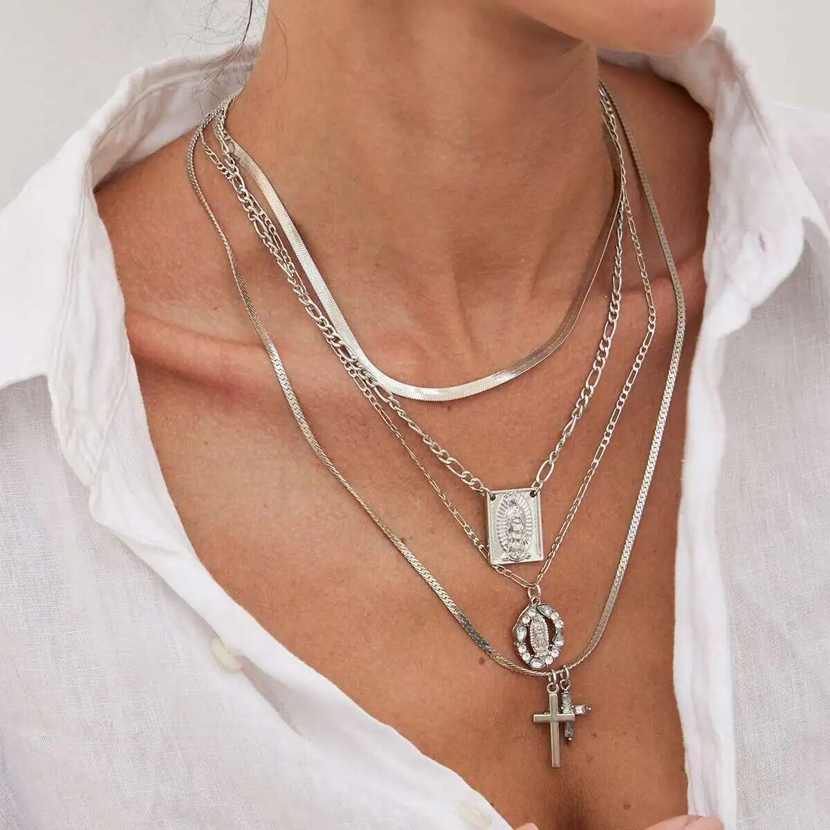 

PuRui 4 шт./набор Золотой цвет Плоская змеиная тонкая цепочка Ожерелье для женщин Геометрический Круглый Квадратный Крест Подвеска Повседневная Вечеринка Циркон Новый