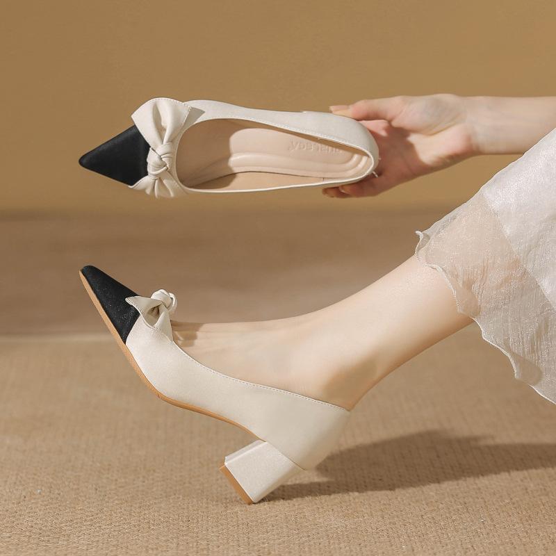 Gentle shoes pointed head shallow mouth thick heel single shoes women bow temperament versatile high heels women