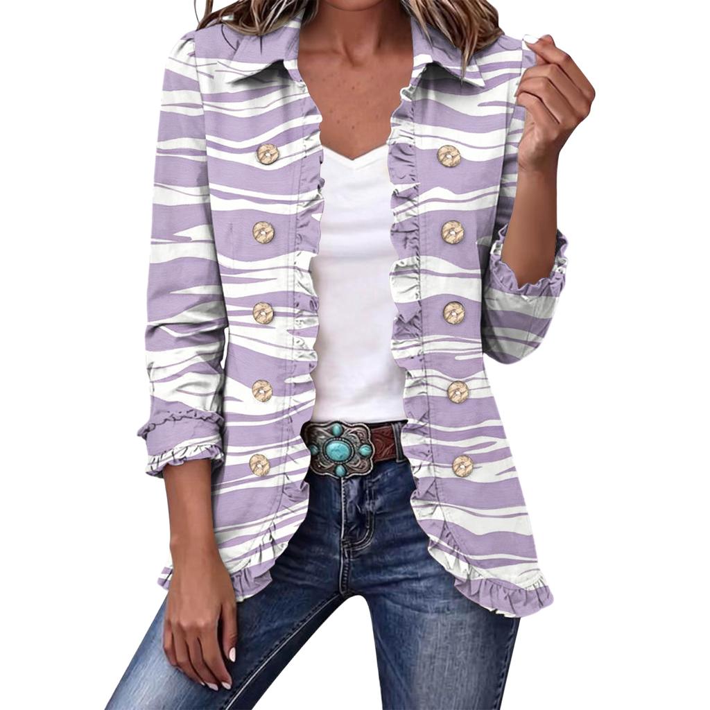 Women's Cropped Ruffle Hem Jacket, Lapel Collar Double-Breasted Outerwear for Casual Wear