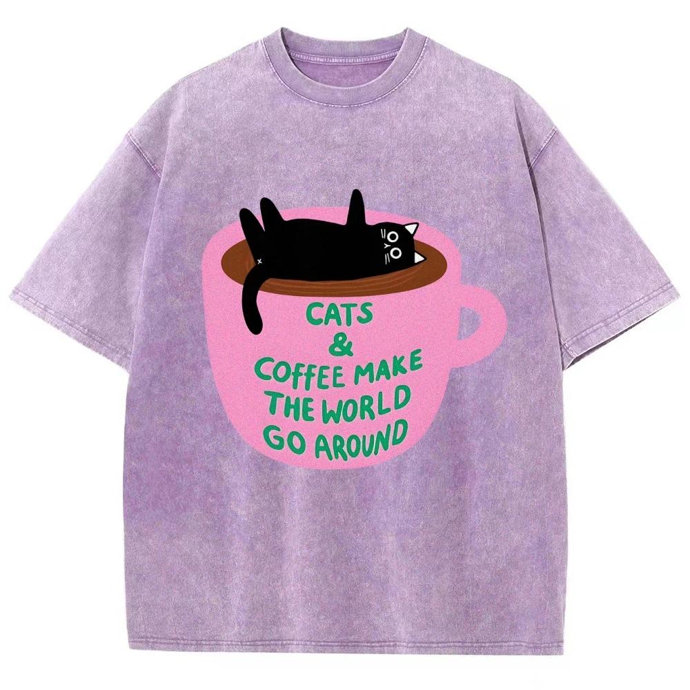 Rosa Tasse Schwarzer Cartoon-Katzen-Print Damen T-Shirt Sommer Bequem Süß Kurzarm Y2K Liebling Lässig Top