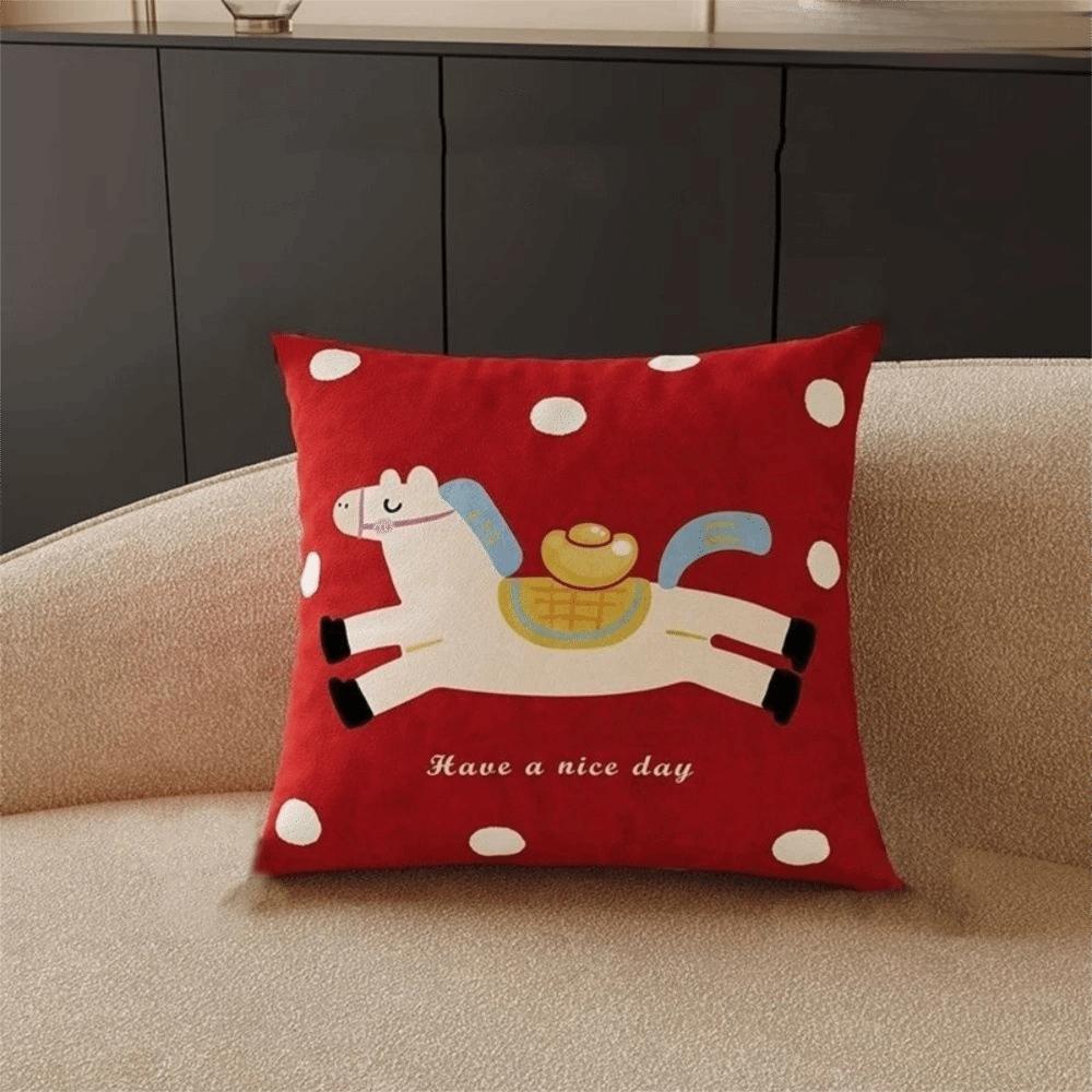 Cartoon Zodiac Horse Pillowcase Soft Festive Square Pillowslip Comfortable Washable Sofa Cushion Cover New Year Decorations