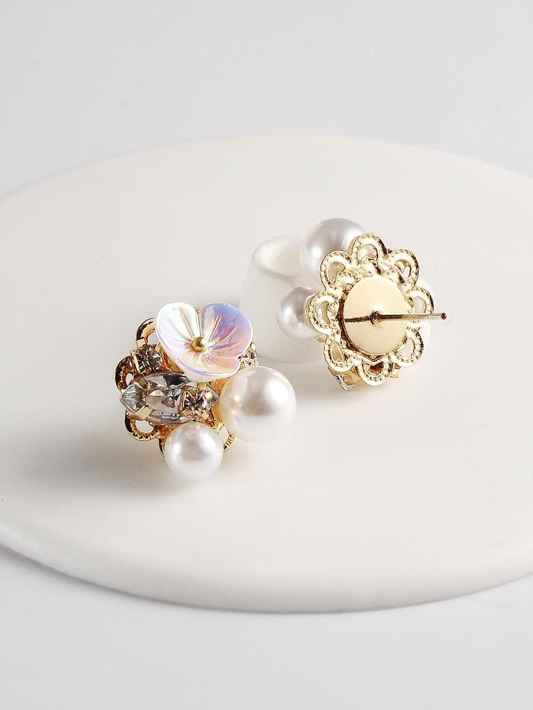 European American Crystal Shell Flower Pearl Stud Earrings