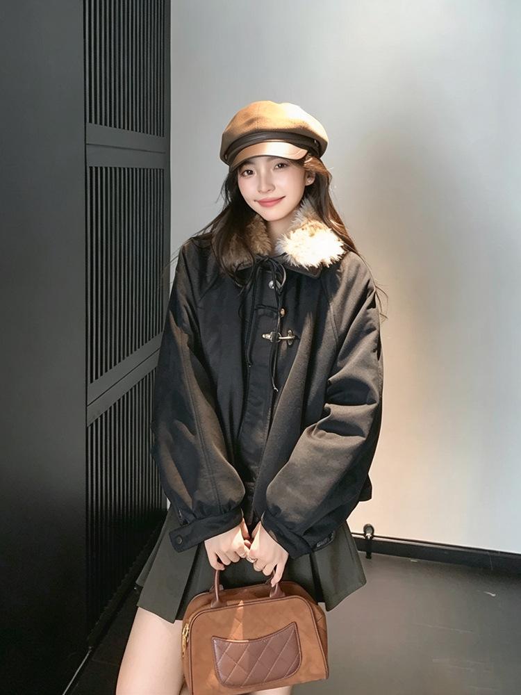 Real shot American retro fur collar cotton clothes women's autumn and winter loose college style design niche thickened coat