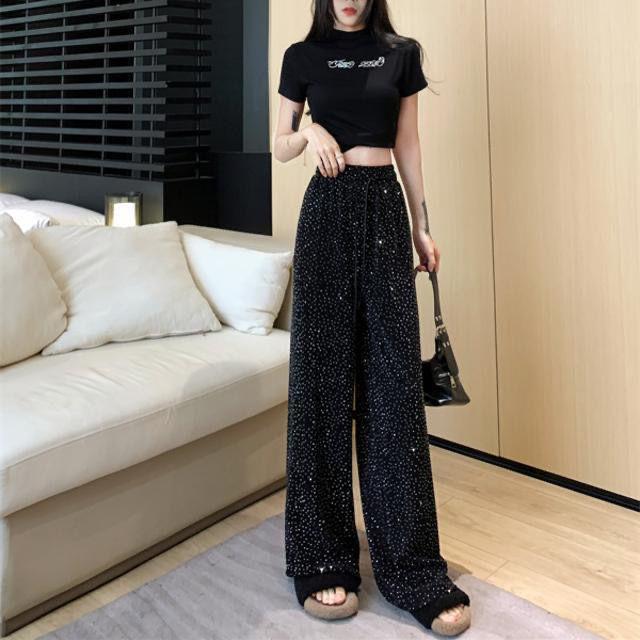 

Women s Floor-Length Ice Silk Rhinestone Embroidered Drawstring Pants M [40-50 kg]