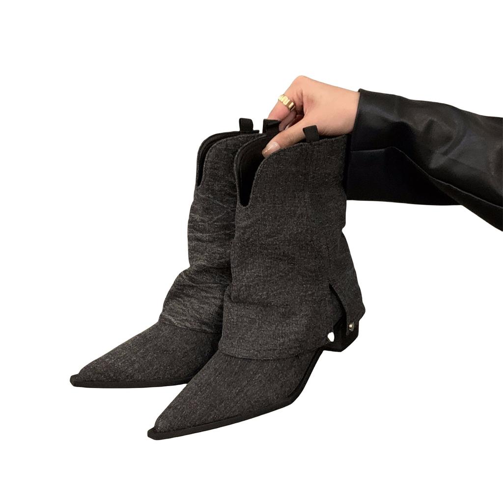 Women's Slouched Ruched Fold Over Boots Covered Heel Slouchy Ankle Boots Wide Calf Pointed Toe Casual Boots for Women Low Chunky Block Heel Booties