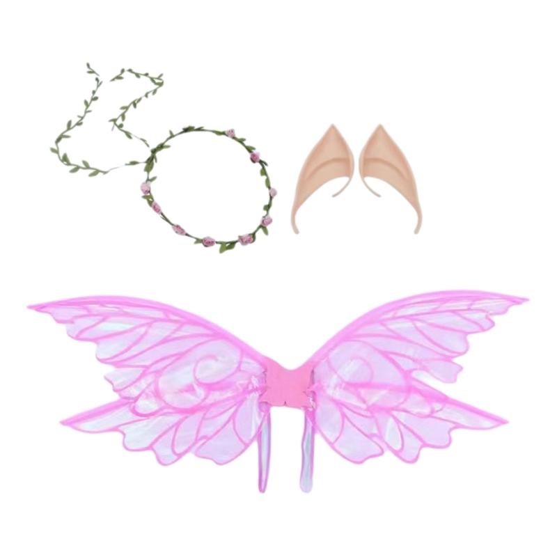 Girls Butterfly Wing Elf Wing with Elf Ears Flower Wreath Halloween Costume Accessories for Girl Christmas Wedding