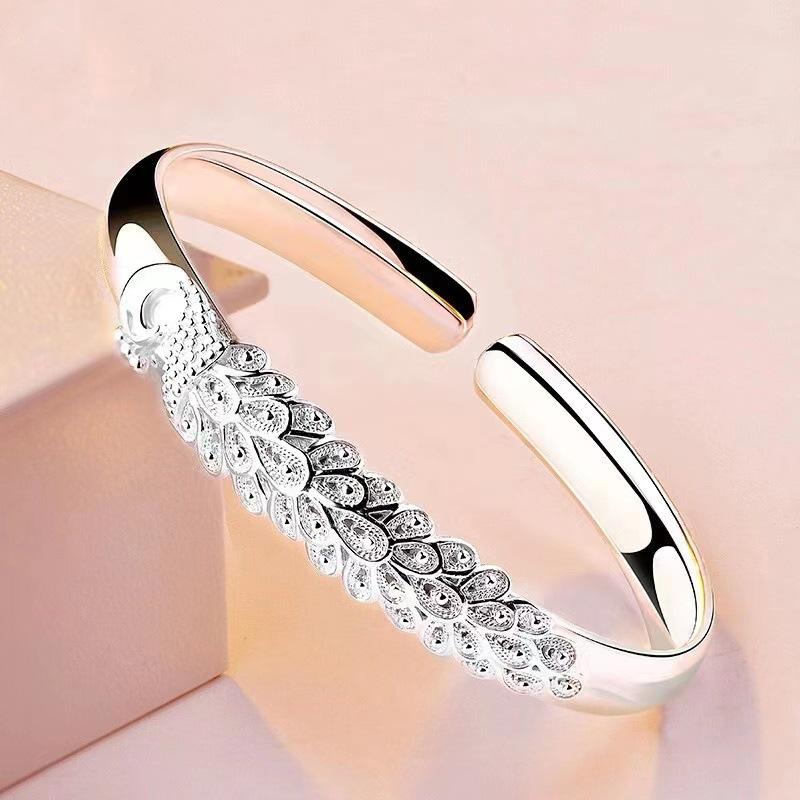S999 Silver Plated Peacock Carved Open Bracelet Women's Chinese Style Hundred Pagoda Fashion Simple Noble Consort Bracelet