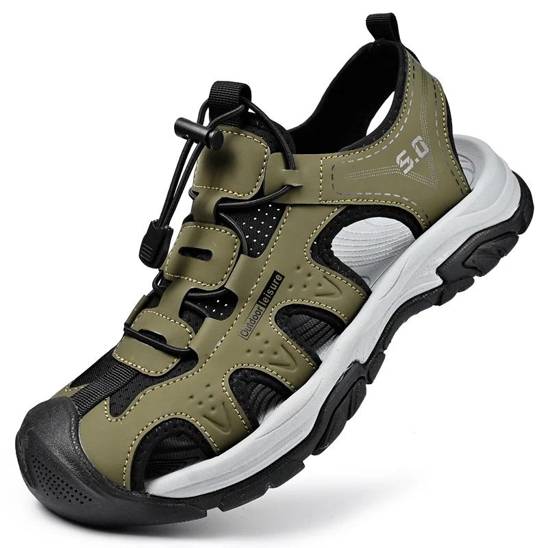 Fashion Leather Men's Summer Shoes Comfy Breathable Mens Sandals Non-Slip Male Anti-collision Toe Beach Flats Outdoor Shoes Hollow Out