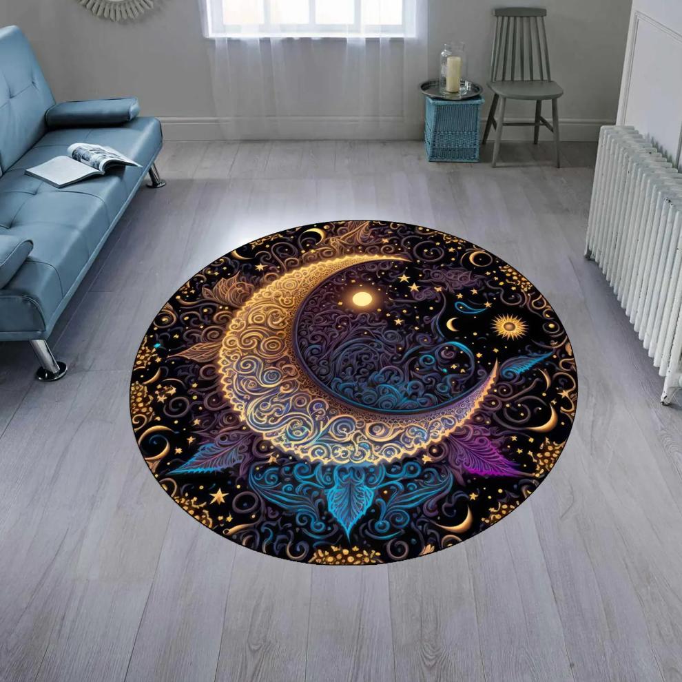 

Round Moon Star Pattern Area Rug Celestial Style Mat Non Slip Stain Resistant Durable for Living Room Bedroom Study Home Decor 80cm x 80cm