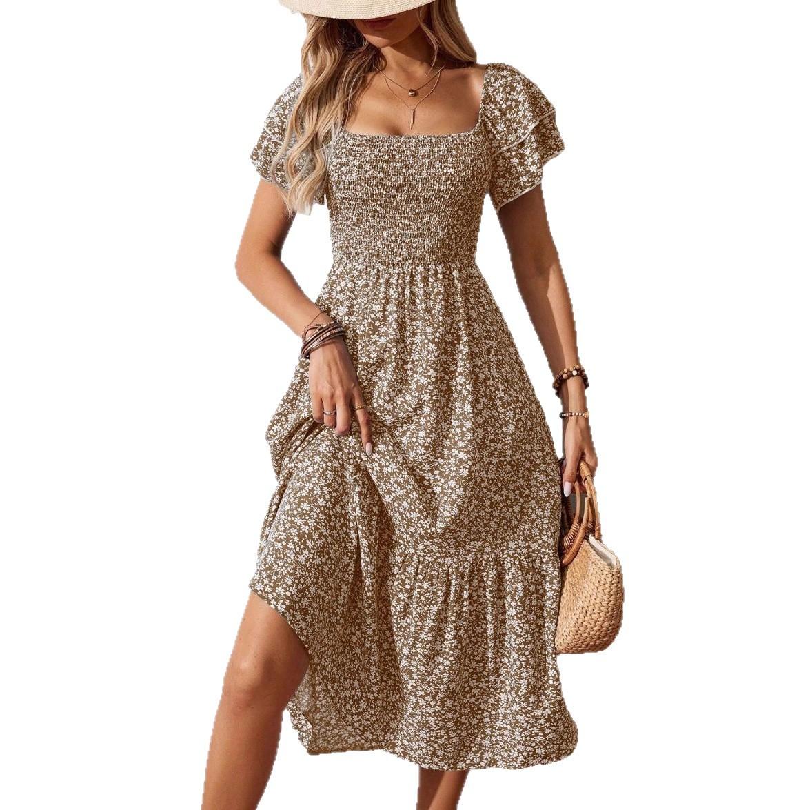 Frühling Sommer Damen Ditsy Blumenmuster Quadratischer Ausschnitt Midi Kleid Gummizug Rüschenärmel Boho Kleid L khaki