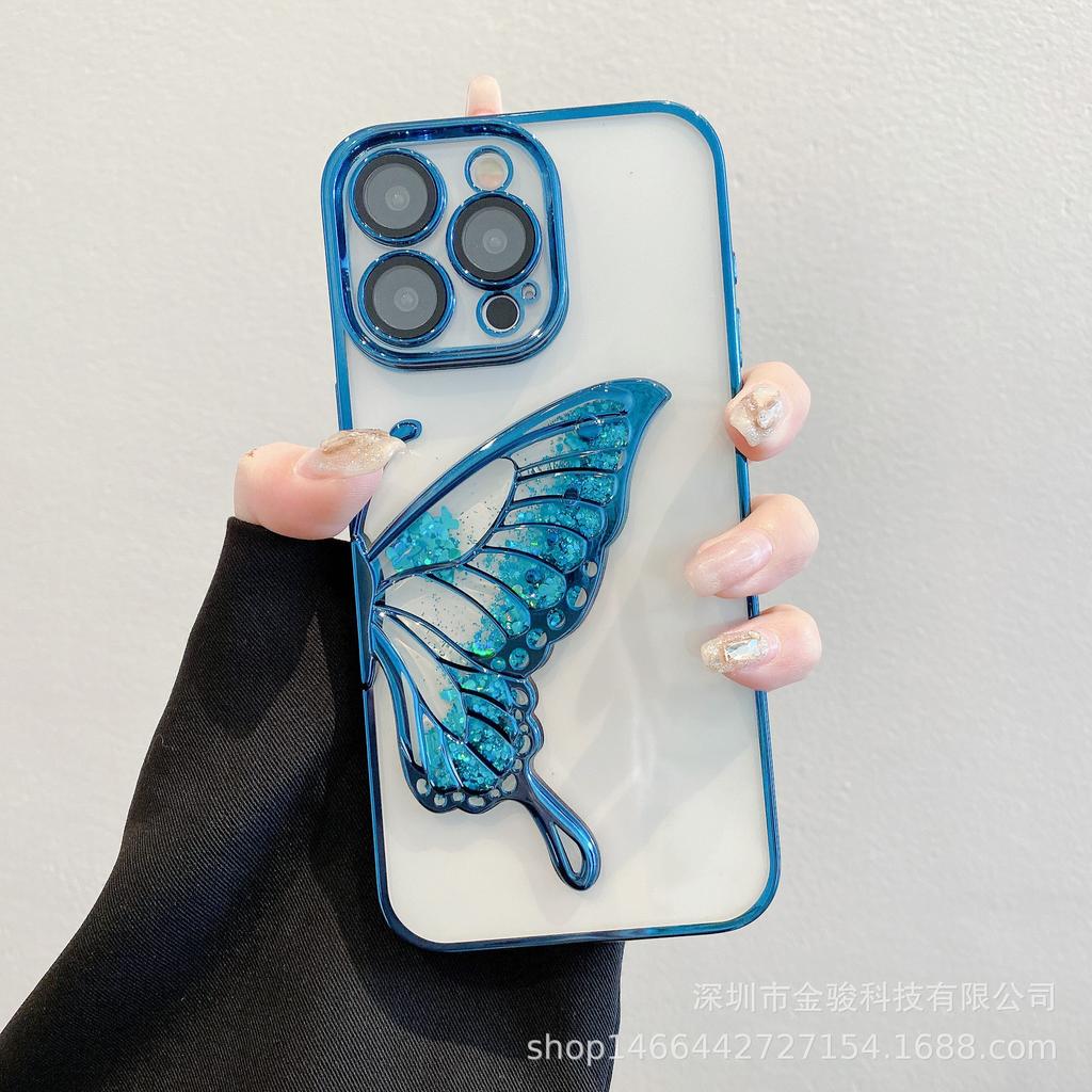 3D Flowing Sand Butterfly Apple 15 Phone Case 14 Pro with Lens Protector Compatible with iPhone 16 Electroplated TPU Soft Case