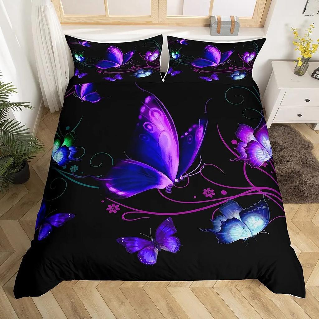 Conjunto de Capa de Edredom Borboleta Roxa Completo Jogos de Cama Borboletas Capa de Edredom Galáxia Para Mulheres,Capa de Colcha Psicodélica Deslumbrante